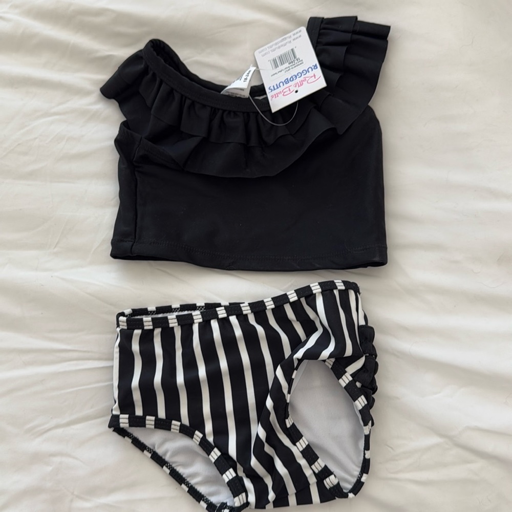 NWT Ruffle Butts black and white tankini and hat 18-24m